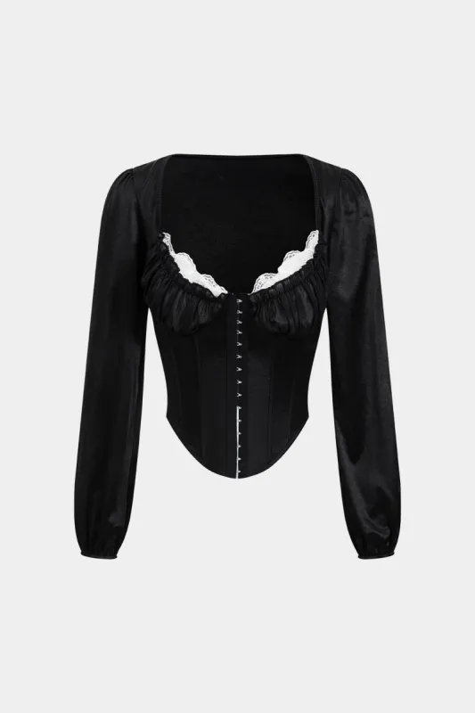 Satin knap patchwork korset langærmet skjorte sold by Micas