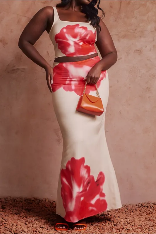 Plus størrelse blomsterprint glid tank top og højt talje nederdel sold by Micas