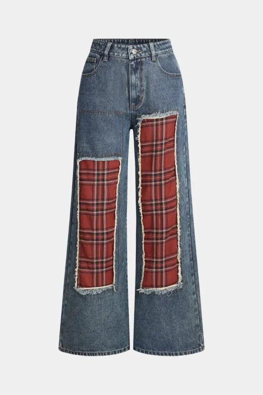 Denim patchwork lomme -knap jeans sold by Micas