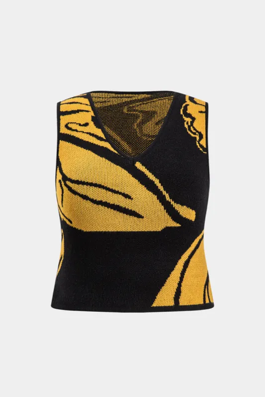 Plus Size Knit Leaves Pattern V-Neck Tank Top sold by Micas