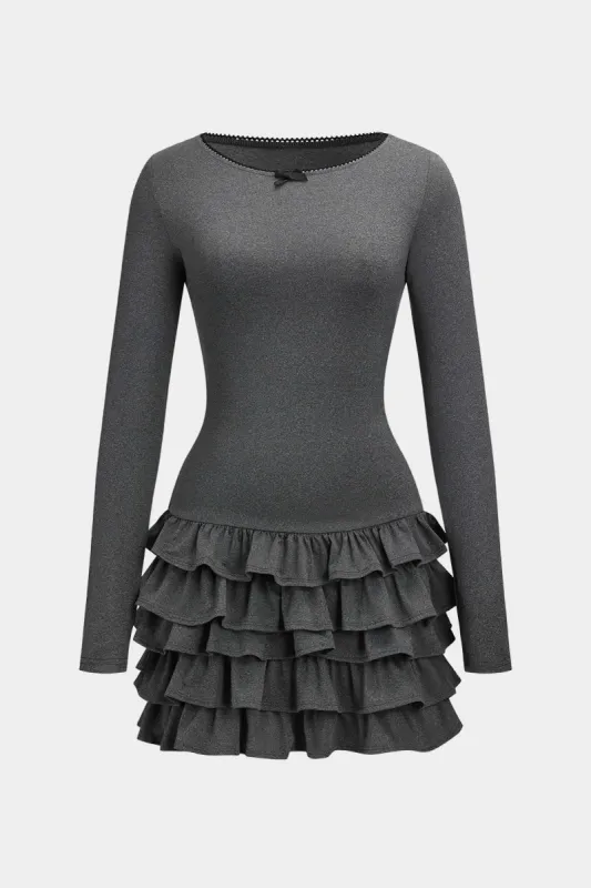 Ruffle rundt om hals puff hem langærmet mini kjole sold by Micas