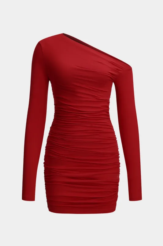 Ruched Asymmetry Neck Long Sleeve Mini Dress sold by Micas