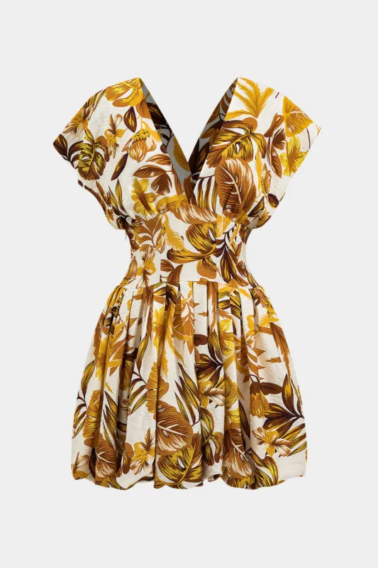 Blomsterblade Print plisset V-hals puff hem mini kjole sold by Micas