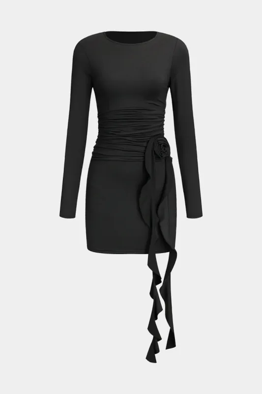 3D Floral Ruched Round Neck Long Sleeve Mini Dress sold by Micas