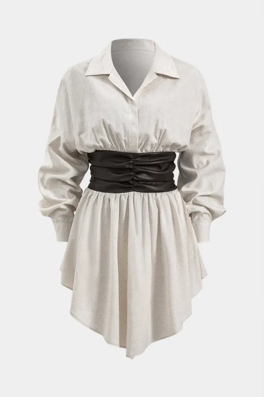 Faux læder linned ruched patchwork langærmet mini kjole sold by Micas