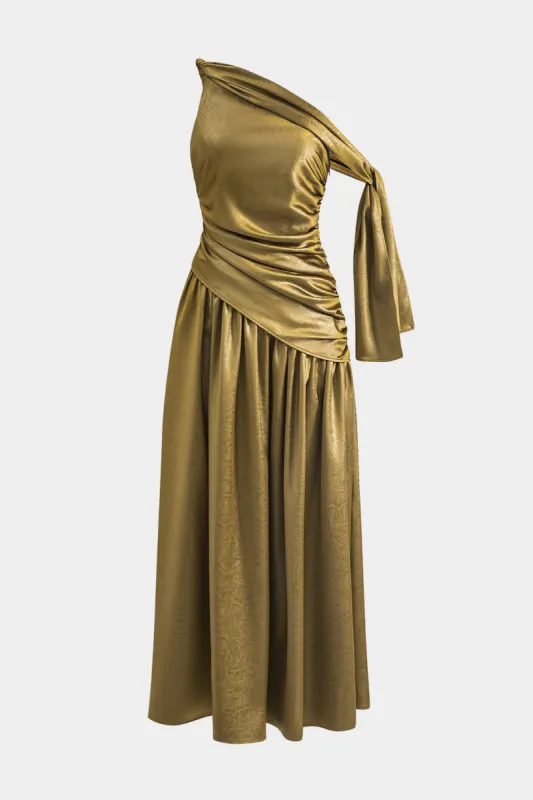 Satin Ruched Asymmetrical Neck Sleeveless Maxi Dress sold by Micas