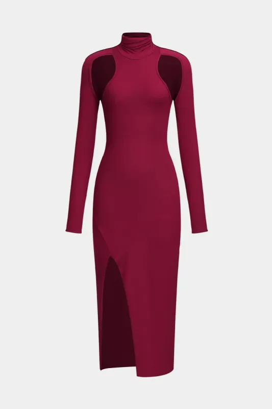 Cut Out Slit Mock Neck Long Sleeve Midi Dress sold by Micas