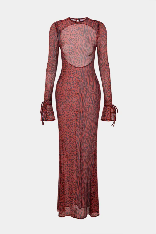 Leopard Print Mesh Rackless Bell Sleeve Maxi Dress sold by Micas