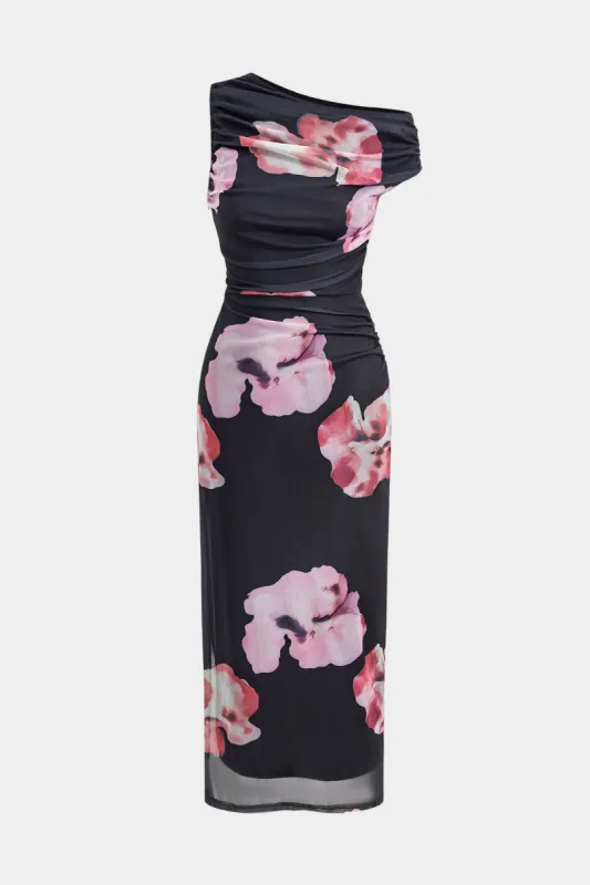 Floral Print Mesh Ruched Asymmetry Neck Midi Dress sold by Micas
