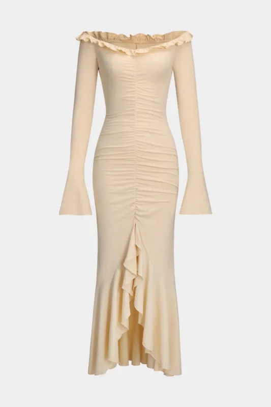 Ruffle Neck Off Shoulder Ruched Bell Sleeve Maxi Dress sold by Micas