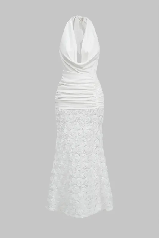 3D Flower Backless Ruched Knotted Patchwork Halter Neck Maxi Dress sold by Micas