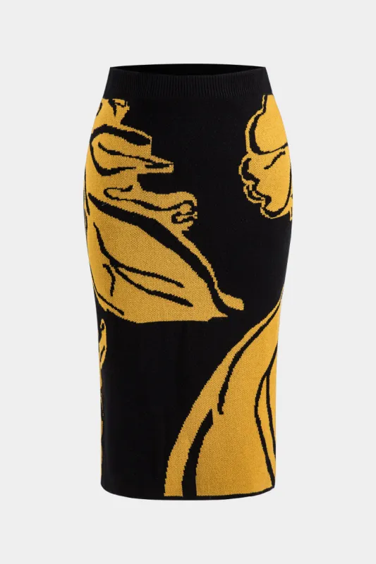 Plus Size Knit Leaves Pattern High Waist Skirt sold by Micas