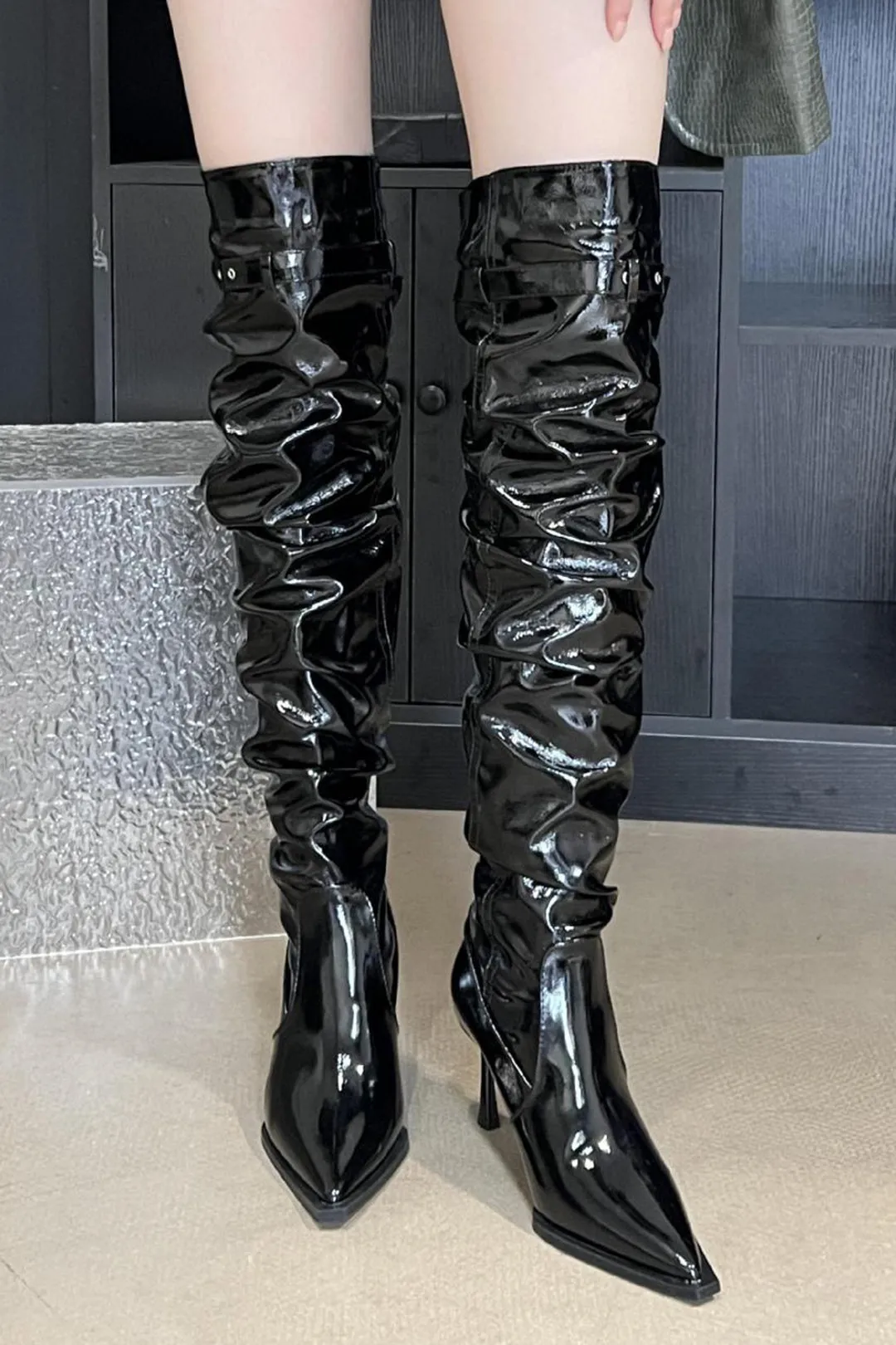 Faux Leather Pointed Toe Over The Knee Boots sold by Micas