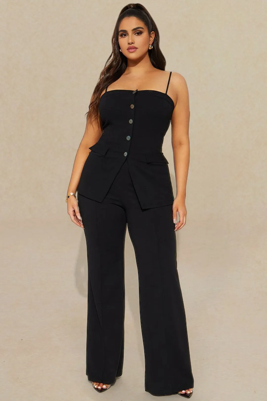 Plus Size Button Pocket Slip Tank Top And High Waist Wide Leg Trousers Set sold by Micas