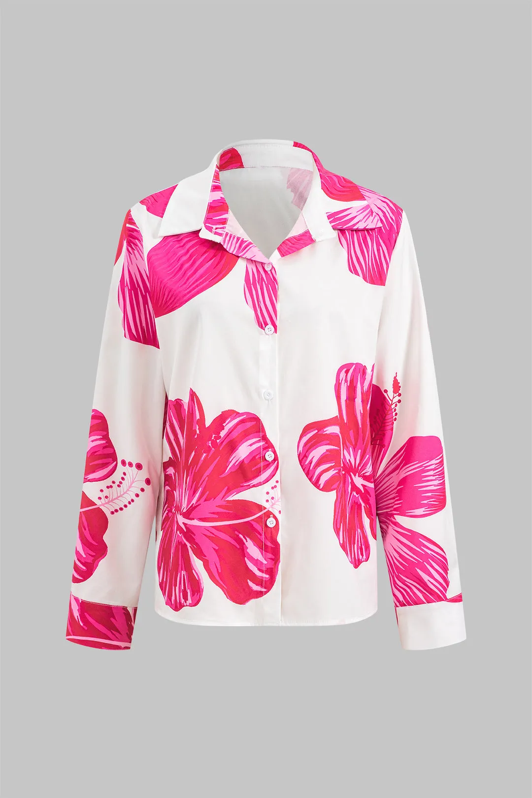 Plus størrelse blomsterprint knap knude langærmet skjorte og høje talje bukser sæt sold by Micas product image thumbnail 3