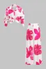 Plus størrelse blomsterprint knap knude langærmet skjorte og høje talje bukser sæt sold by Micas