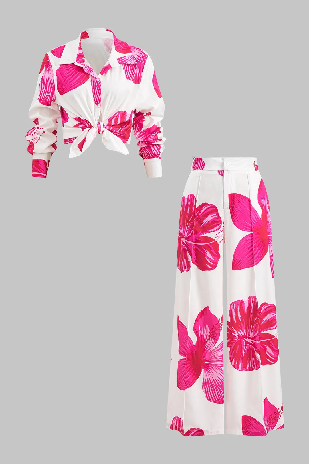 Plus størrelse blomsterprint knap knude langærmet skjorte og høje talje bukser sæt sold by Micas