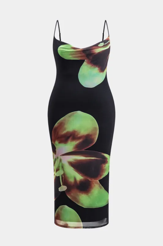 Plus størrelse blomsterprint mesh slip maxi kjole sold by Micas