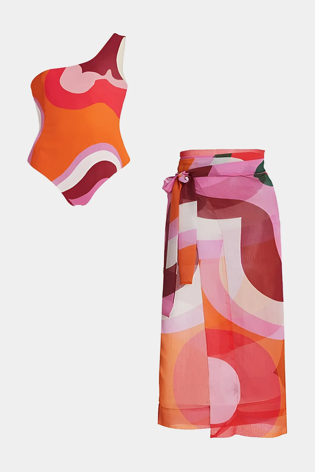 Plus Size Geometric Print Tummy Control Swimwear And Tie Front Wrap Cover Up Set sold by Micas