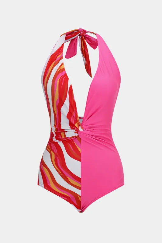 Stripes Print Ruched Rackless Knotted Halter Neck Swoverwear sold by Micas