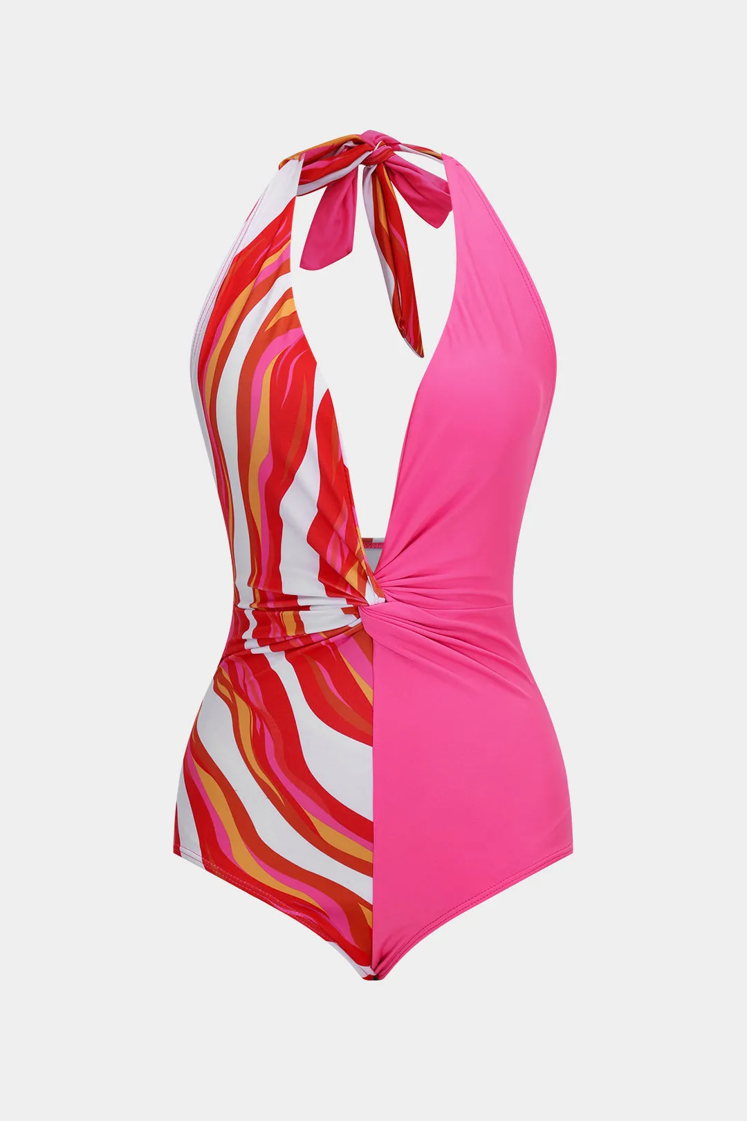 Stripes Print Ruched Rackless Knotted Halter Neck Swoverwear sold by Micas