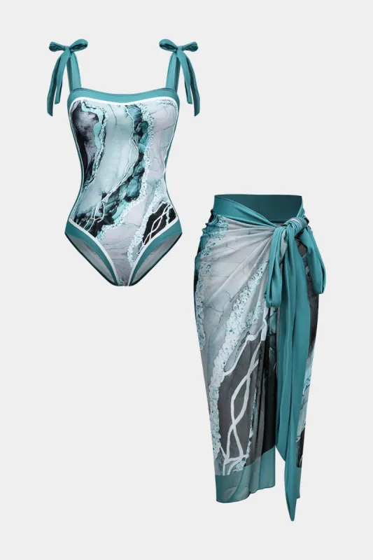 Abstrakt print mave kontrol slip badetøj og ruched slips front cover up sæt sold by Micas