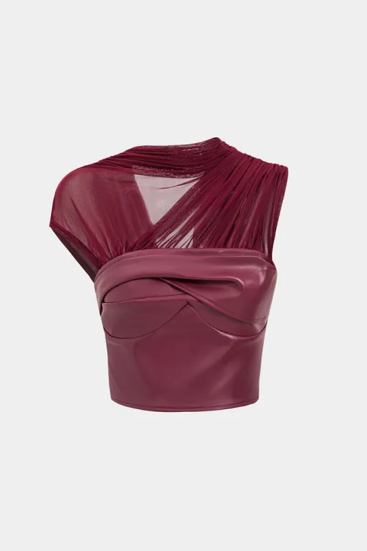 Faux Leather Asymmetrical Sheer Zipper Short Sleeve T-Shirt sold by Micas