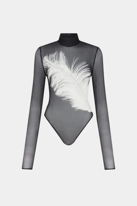 Mesh Feather Pattern Mock Neck Long Sleeve Bodysuit sold by Micas