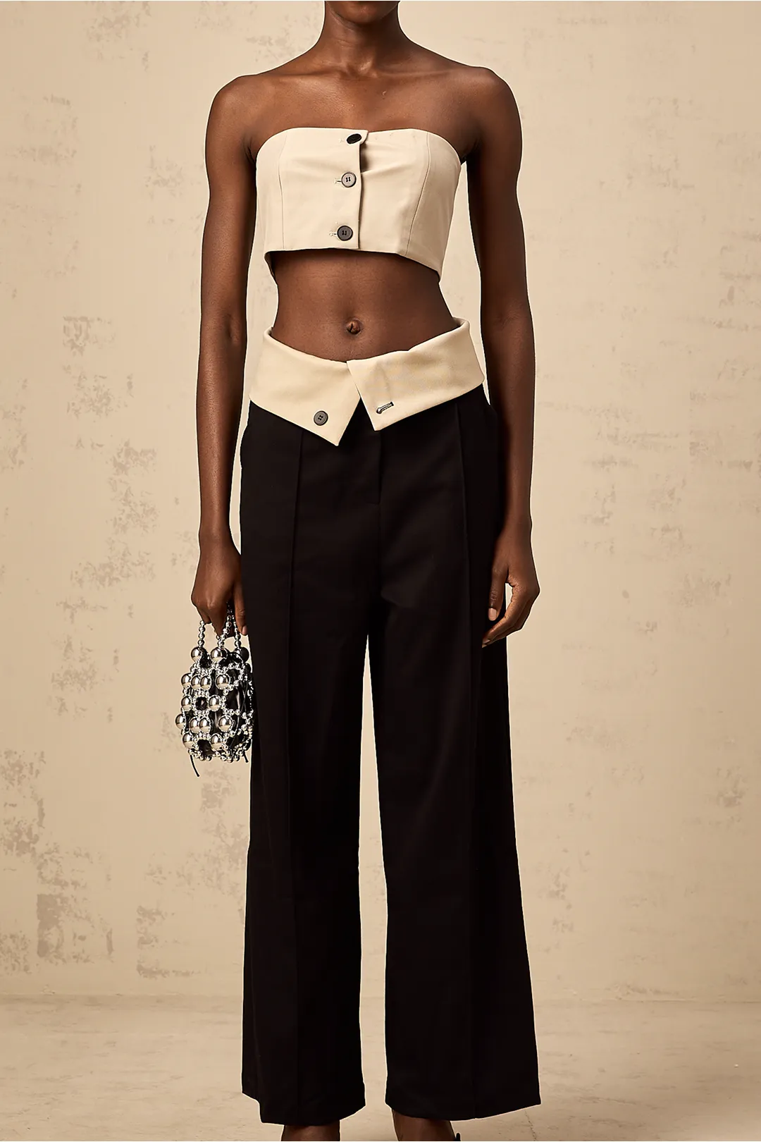 Button Tube Top And Patchwork Trousers Set sold by Micas