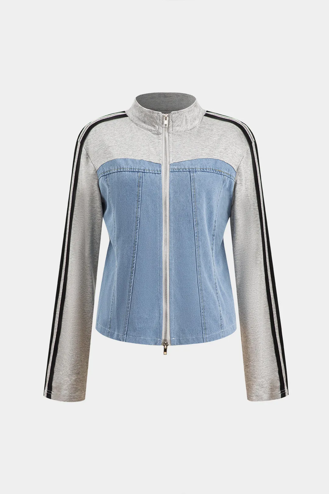 Denim patchwork lynlås langærmet top og knude brede ben jeans sold by Micas product image thumbnail 2