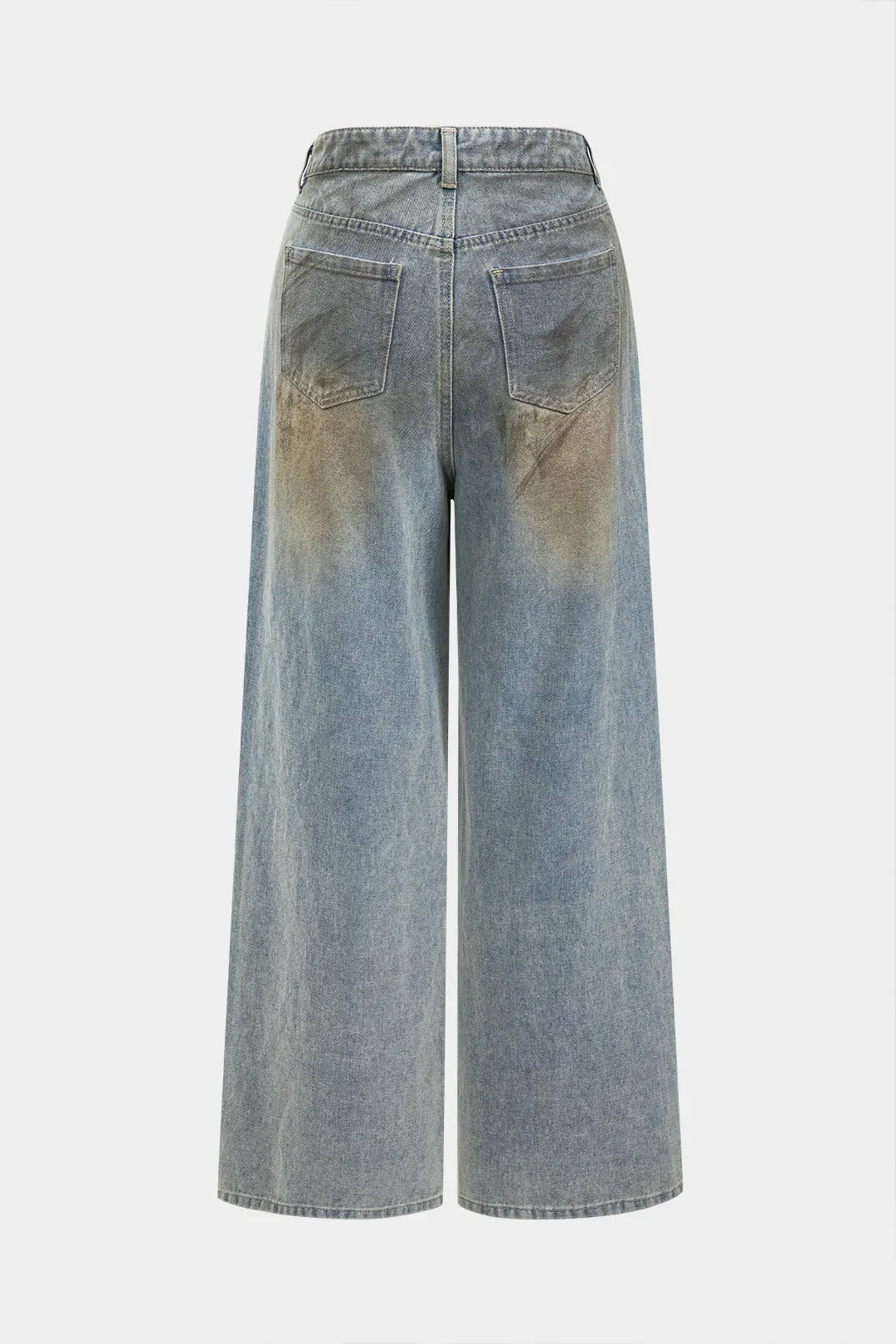 Denim Metallic Star Shape Rivet Pocket Button Wide Leg Jeans sold by Micas product image thumbnail 2