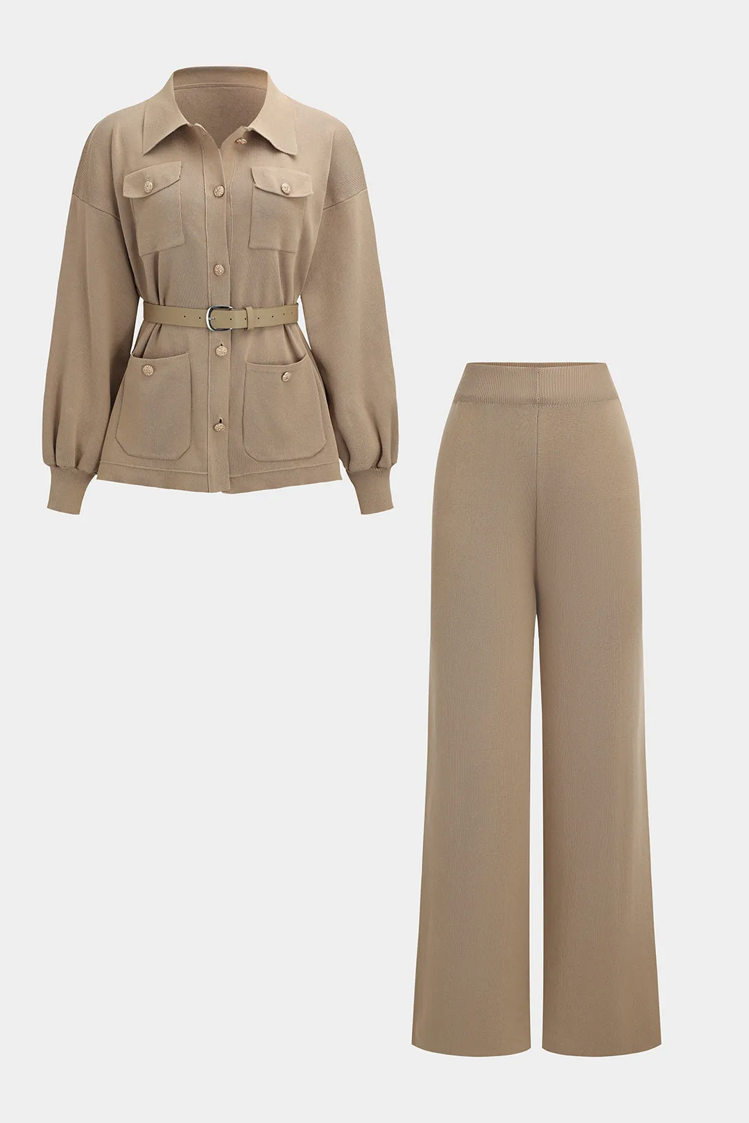 Strik knaplomme bæltet langærmet top og brede benbukser sæt sold by Micas