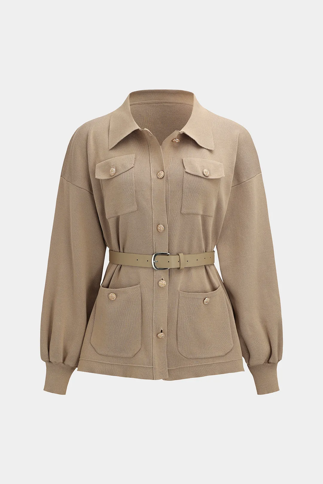 Strik knaplomme bæltet langærmet top og brede benbukser sæt sold by Micas product image thumbnail 2