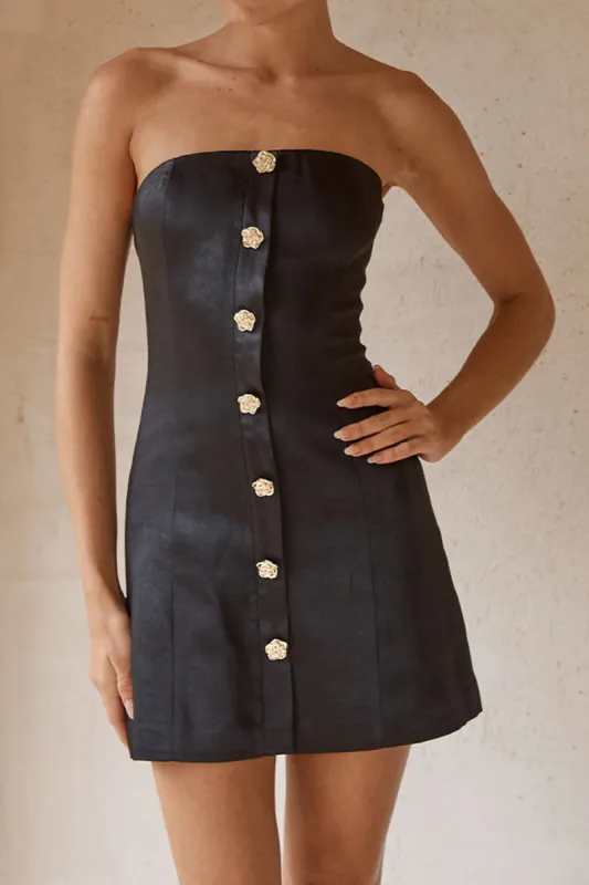 Satin Metallic Button Strapless Mini Dress sold by Micas