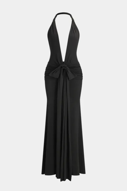 Ruched Tie Front Halter Neck Backless Maxi Dress sold by Micas