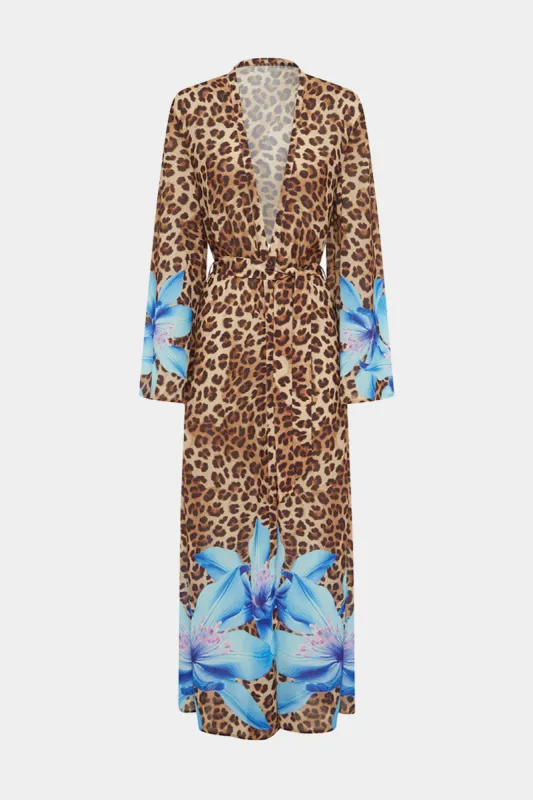 Leopard Floral Print Tie Front V-Neck Long Sleeve Dress Cover Up sold by Micas