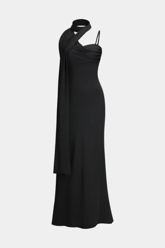 Ruched Halter Neck One Shoulder Slip Maxi Dress sold by Micas