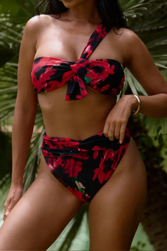 Floral Print Ruched Crossed Backless Bikini Set sold by Micas