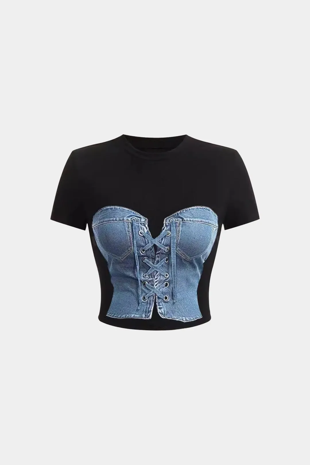 Plus størrelse trykt denim kortærmet t-shirt sold by Micas