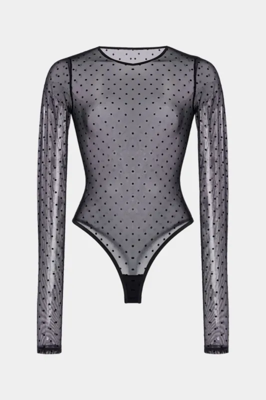 Dots Print Mesh Sheer  Round Neck Long Sleeve Bodysuit sold by Micas