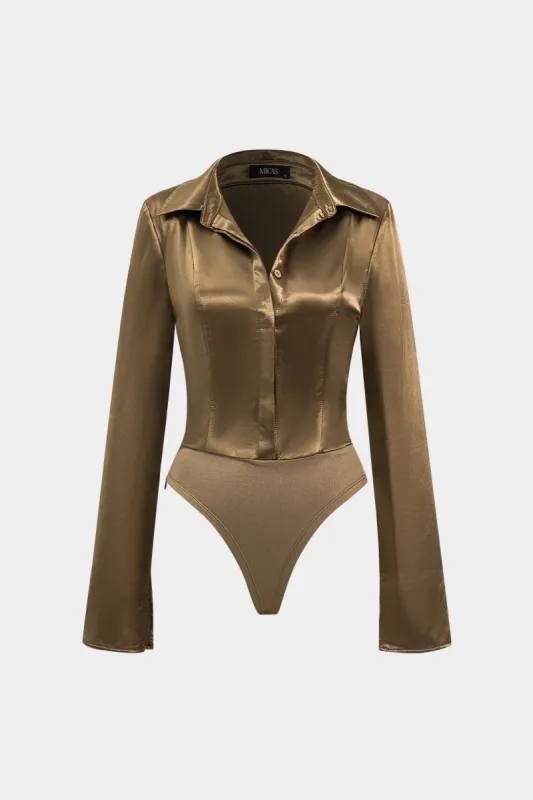 Satin Button Patchwork Corset Long Sleeve Bodysuit sold by Micas