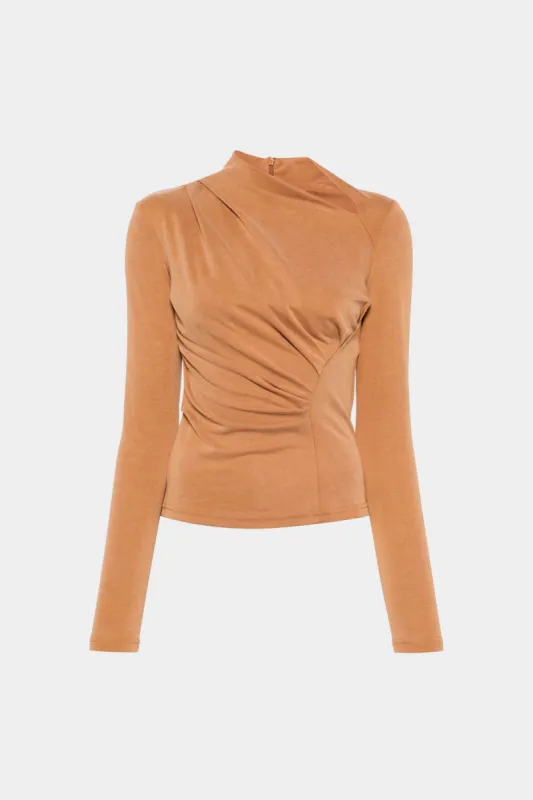 Ruched Zipper Asymmetry Neck Long-Sleeve Top sold by Micas