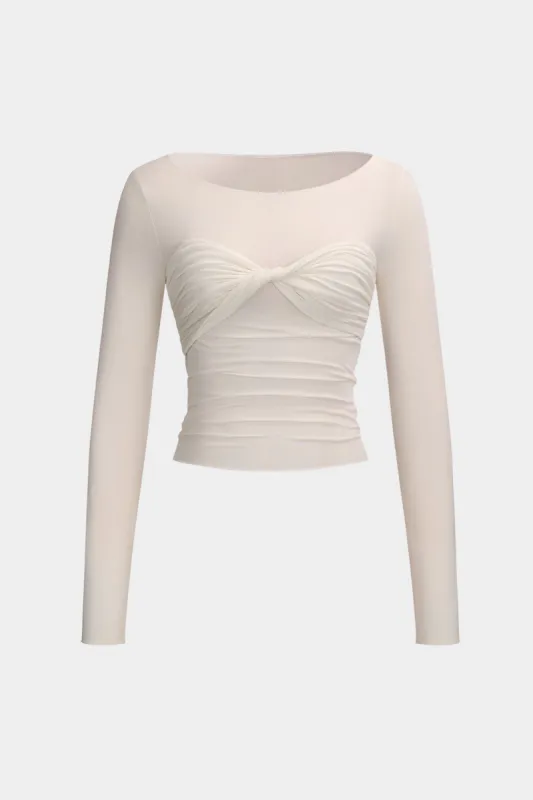 Ruched Round Neck Twist Knot Longærme top sold by Micas