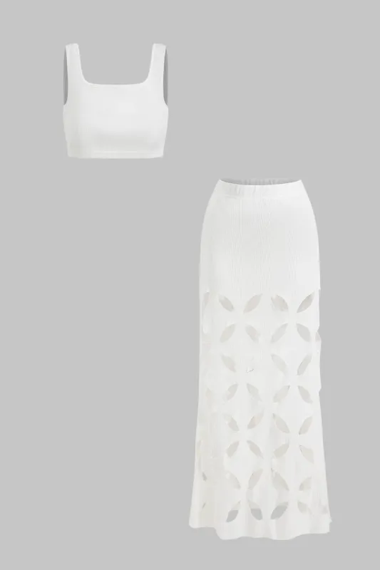 Knitted Backless Tank Top And Cut Out Skirt Set sold by Micas