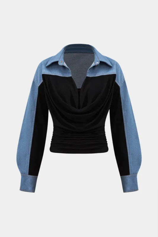 Denim Ruched Button Patchwork Long Sleeve Shirt sold by Micas
