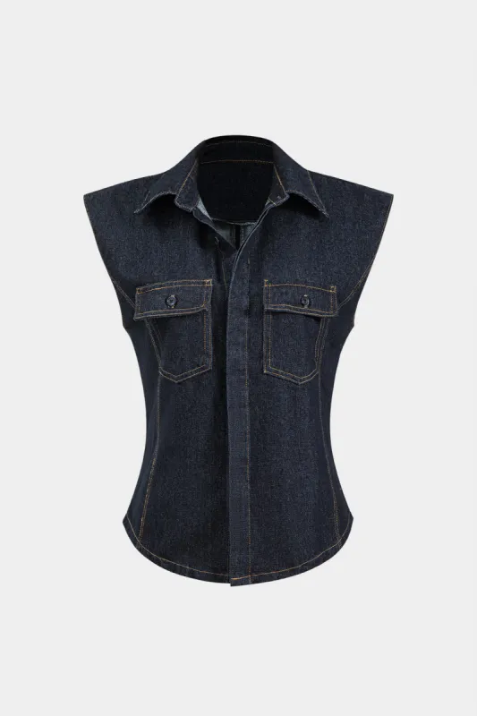 Denim knap lomme ærmeløs vest sold by Micas