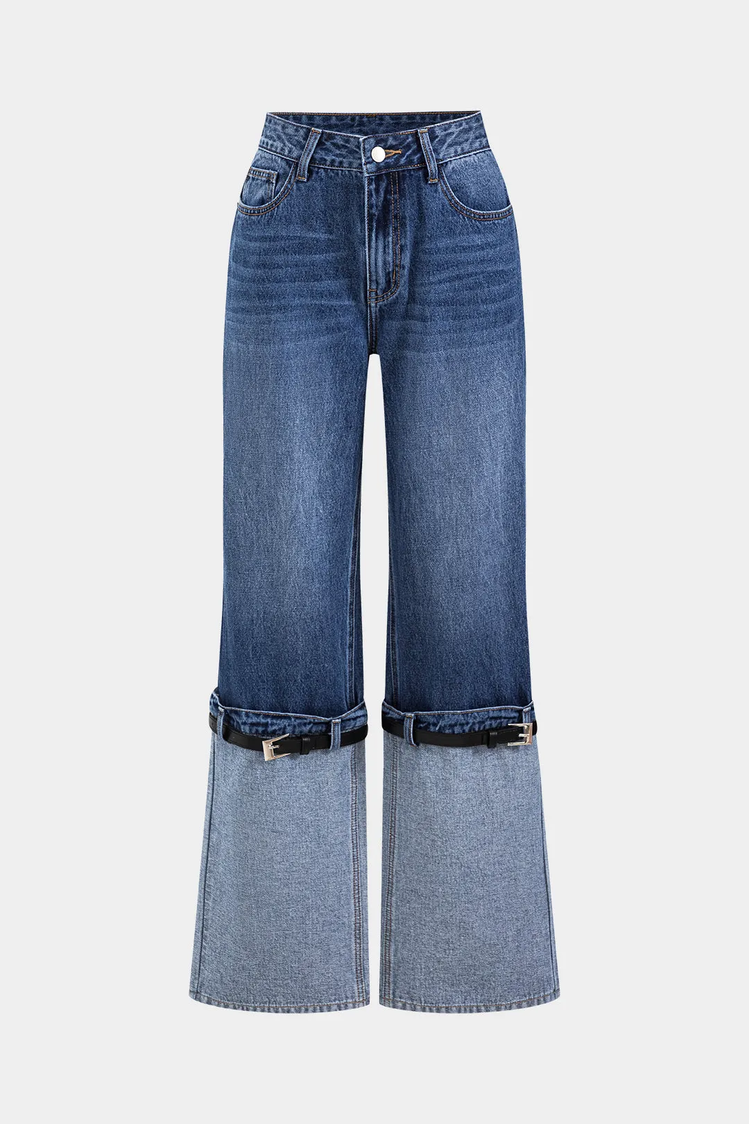 Denim patchwork -knaplomme bælte jeans sold by Micas