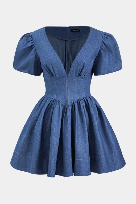 Denim Pleated Zipper V-Neck Corset Short Sleeve Dress sold by Micas