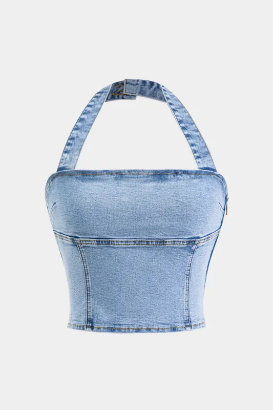 Denim Backless Halter Neck Tank Top sold by Micas