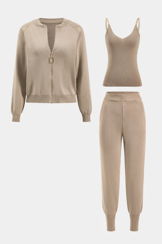 Strik metallisk lynlås rundt nakke langærmet cardigan og tank top og bukser sæt sold by Micas